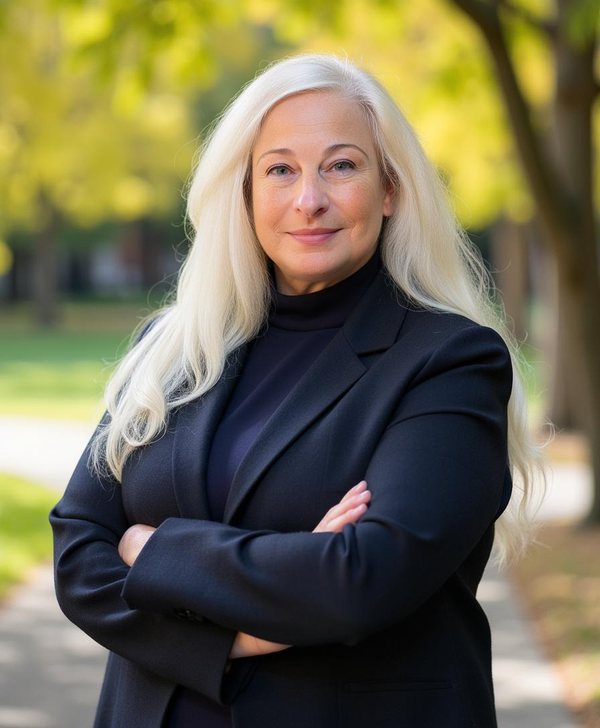 Portrait of Rachel L. Timberlake, founder and CEO of Sunstone Advisory, with long white hair and a navy blazer, arms crossed, in front of autumn trees